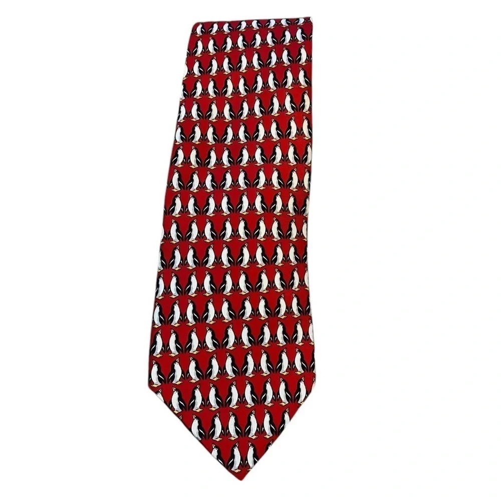 Beaufort | Tie Rack Red Penguin Print 100% Silk Vintage Tie, Italy, 3.75”
